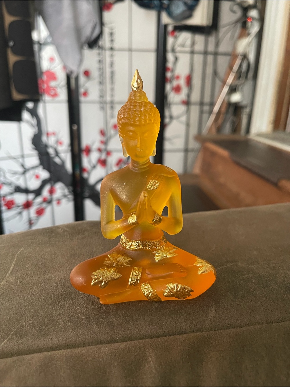 Amber colored mini  Buddha Statue with Gold Leaf Accents